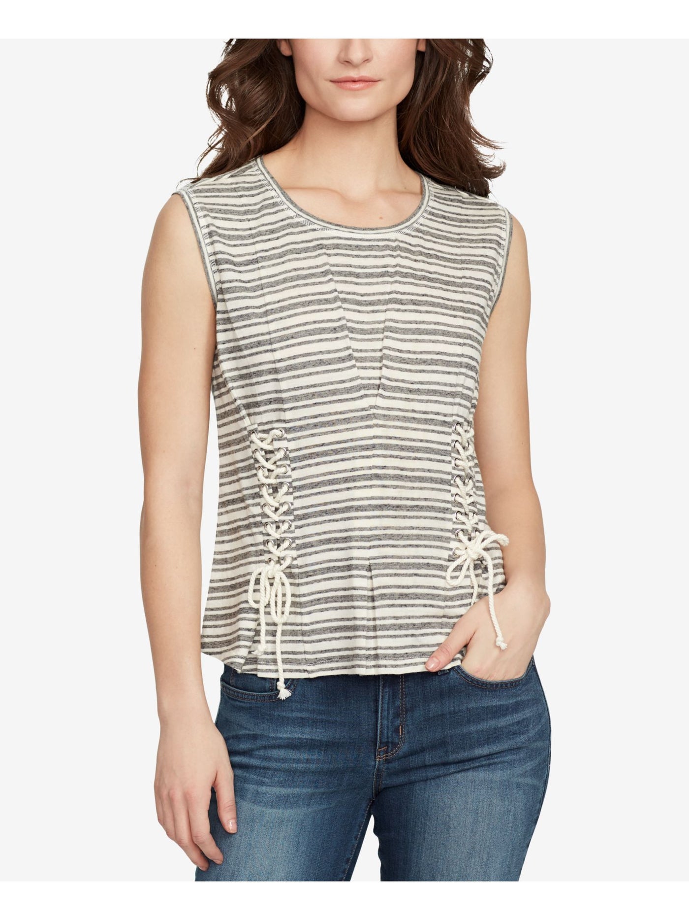 WILLIAM RAST Womens Gray Striped Corset Detail Sleeveless Crew Neck Top XL