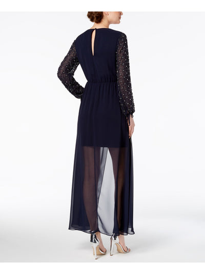 BETSY & ADAM Womens Navy Embellished Gown Long Sleeve Scoop Neck Full-Length Evening A-Line Dress Petites 2P