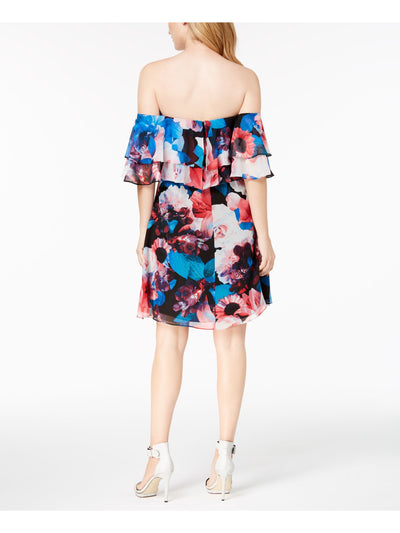 CALVIN KLEIN Womens Blue Flounce Printed Short Sleeve Off Shoulder Above The Knee A-Line Dress 6