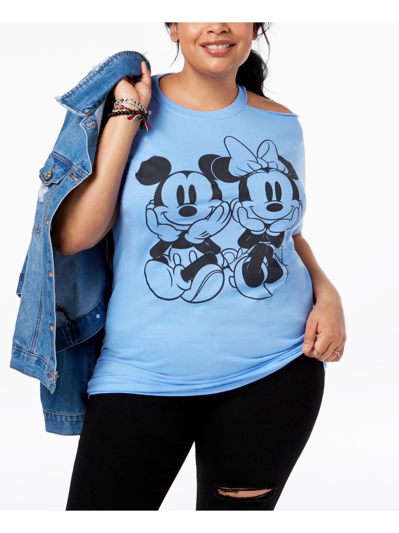 MICKEY MOUSE Womens Light Blue Cold Shoulder Mickey & Minnie Mouse Short Sleeve Crew Neck T-Shirt Plus 3X