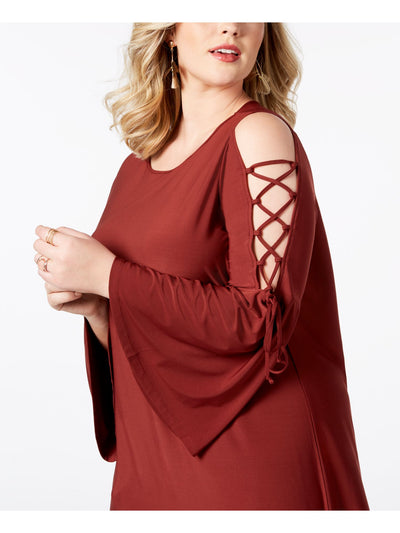 LOVE SCARLETT Womens Burgundy Cold Shoulder Slitted Lace-up Sleeve Bell Sleeve Jewel Neck Above The Knee Party Shift Dress Plus 1X