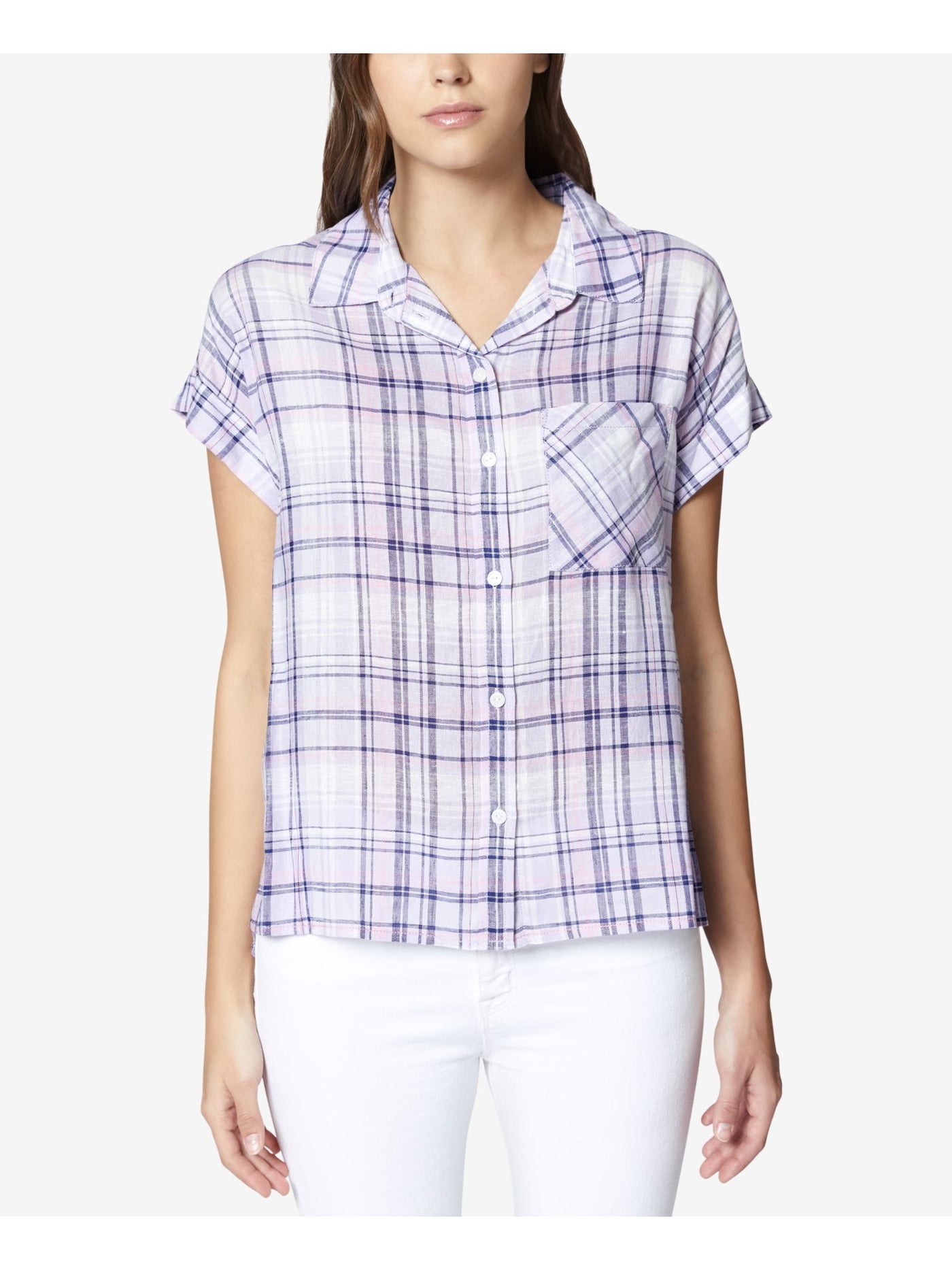 SANCTUARY Womens Purple Plaid Boyfriend Short Sleeve Collared Top XS