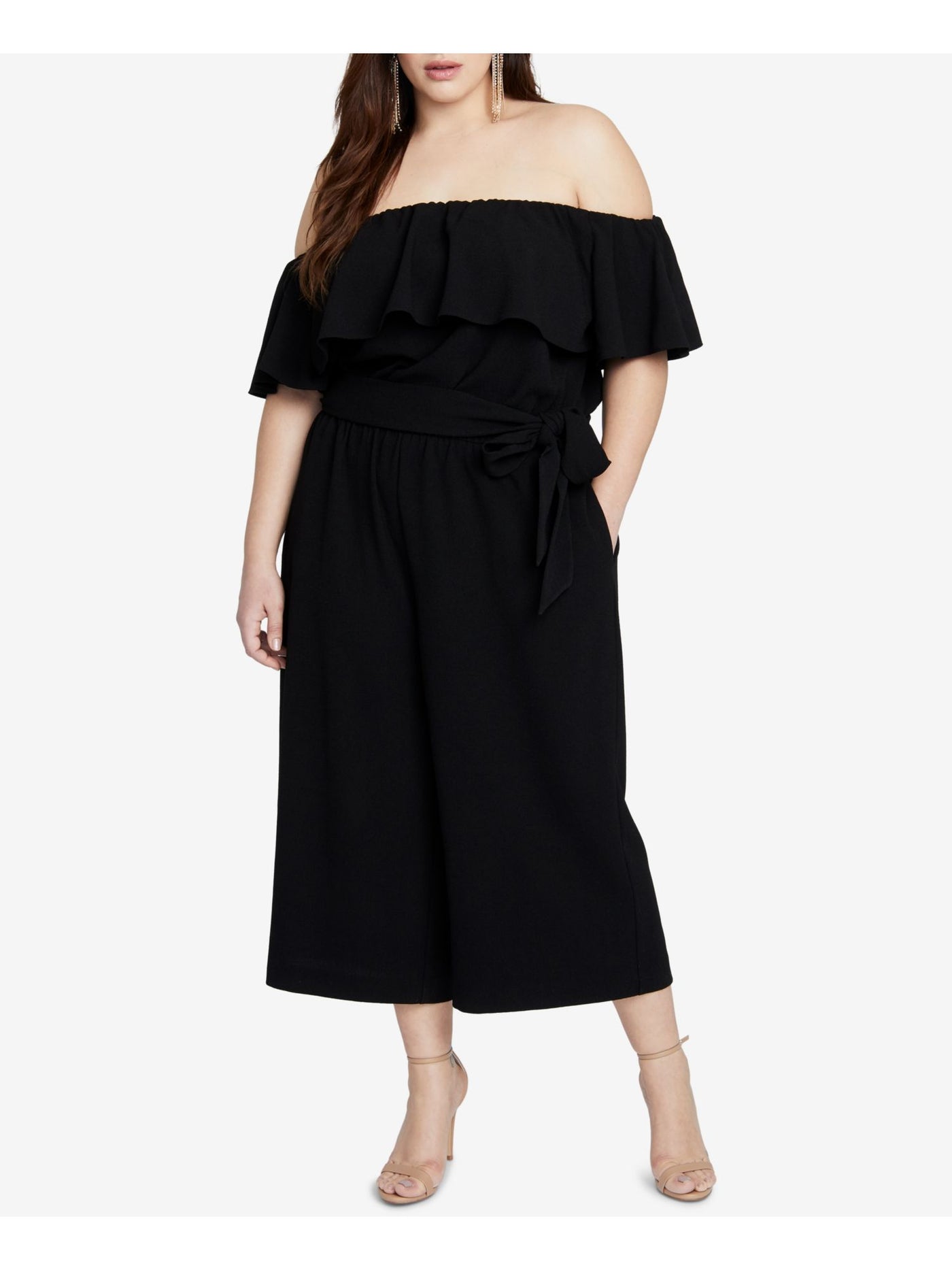 RACHEL RACHEL ROY Womens Black Ruffled Off Shoulder Wide Leg Jumpsuit Plus 20W