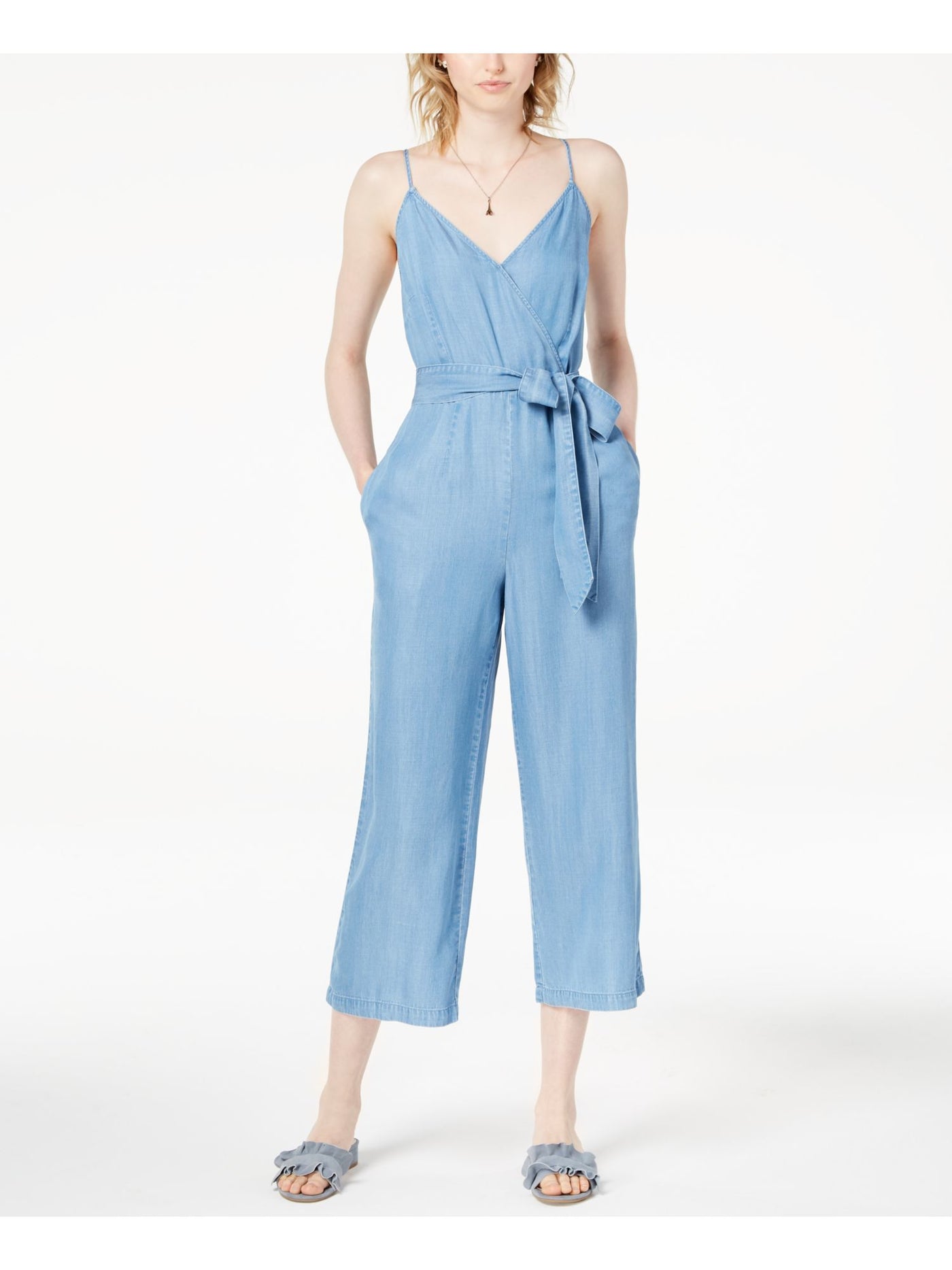 MAISON JULES Womens Blue Pocketed Spaghetti Strap V Neck Wide Leg Jumpsuit 14