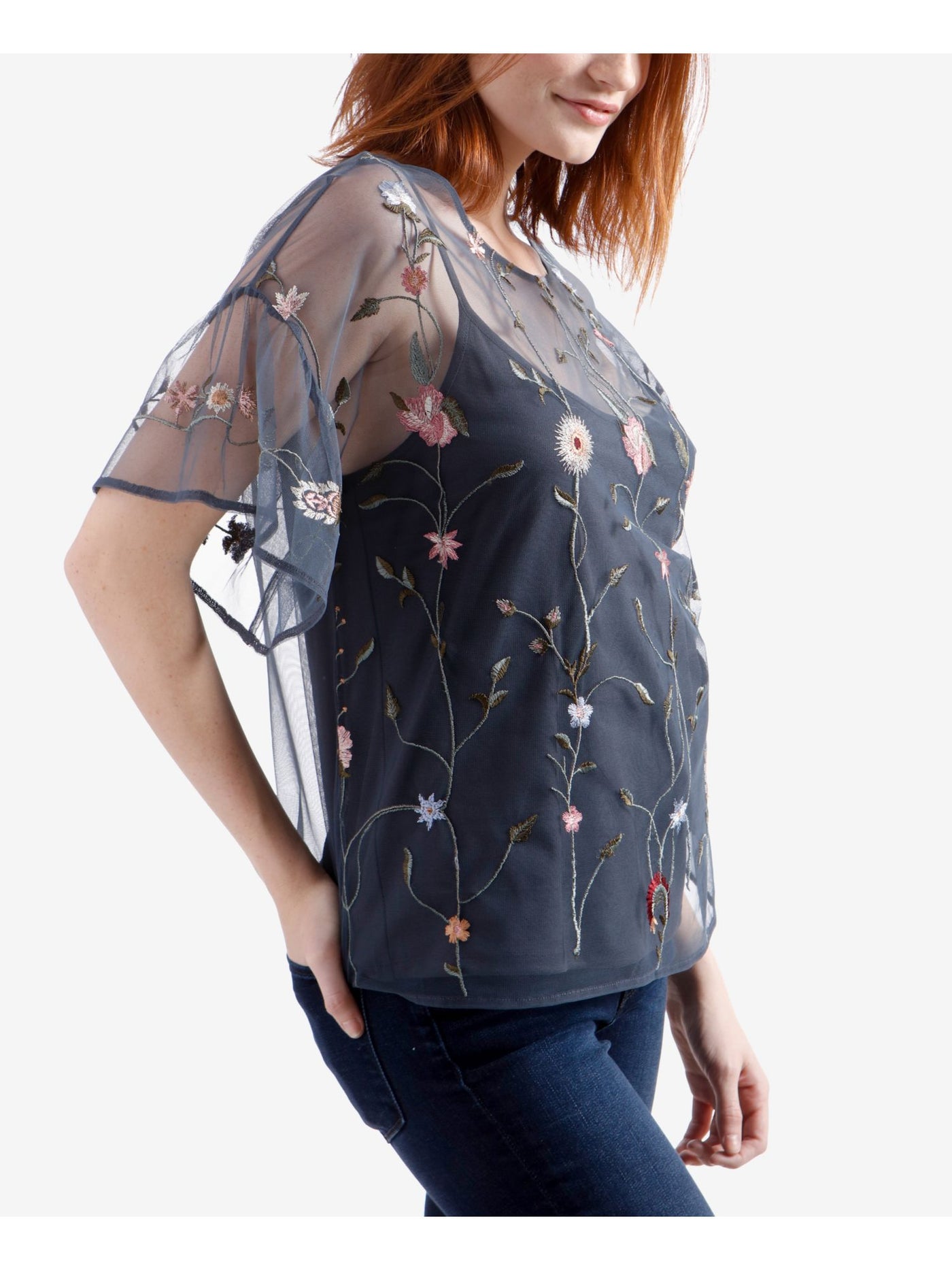 LUCKY BRAND Womens Navy Embroidered Sheer Floral 3/4 Sleeve Scoop Neck Evening Blouse XS