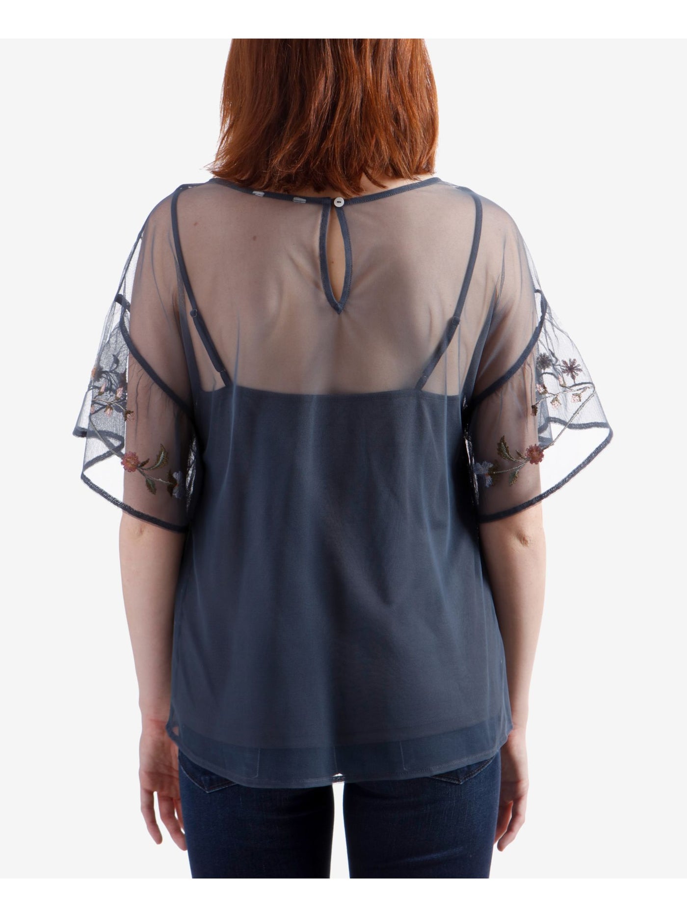 LUCKY BRAND Womens Navy Embroidered Sheer Floral 3/4 Sleeve Scoop Neck Evening Blouse XS