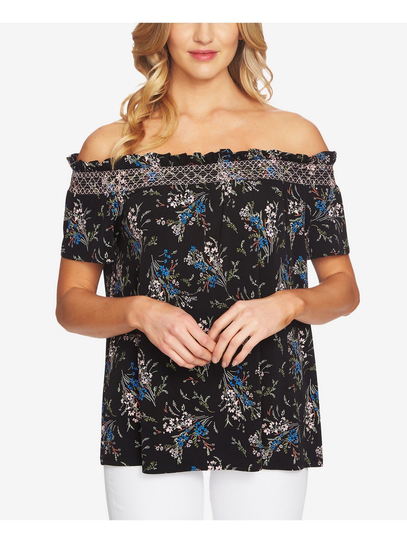 CECE Womens Black Printed Short Sleeve Off Shoulder Top L