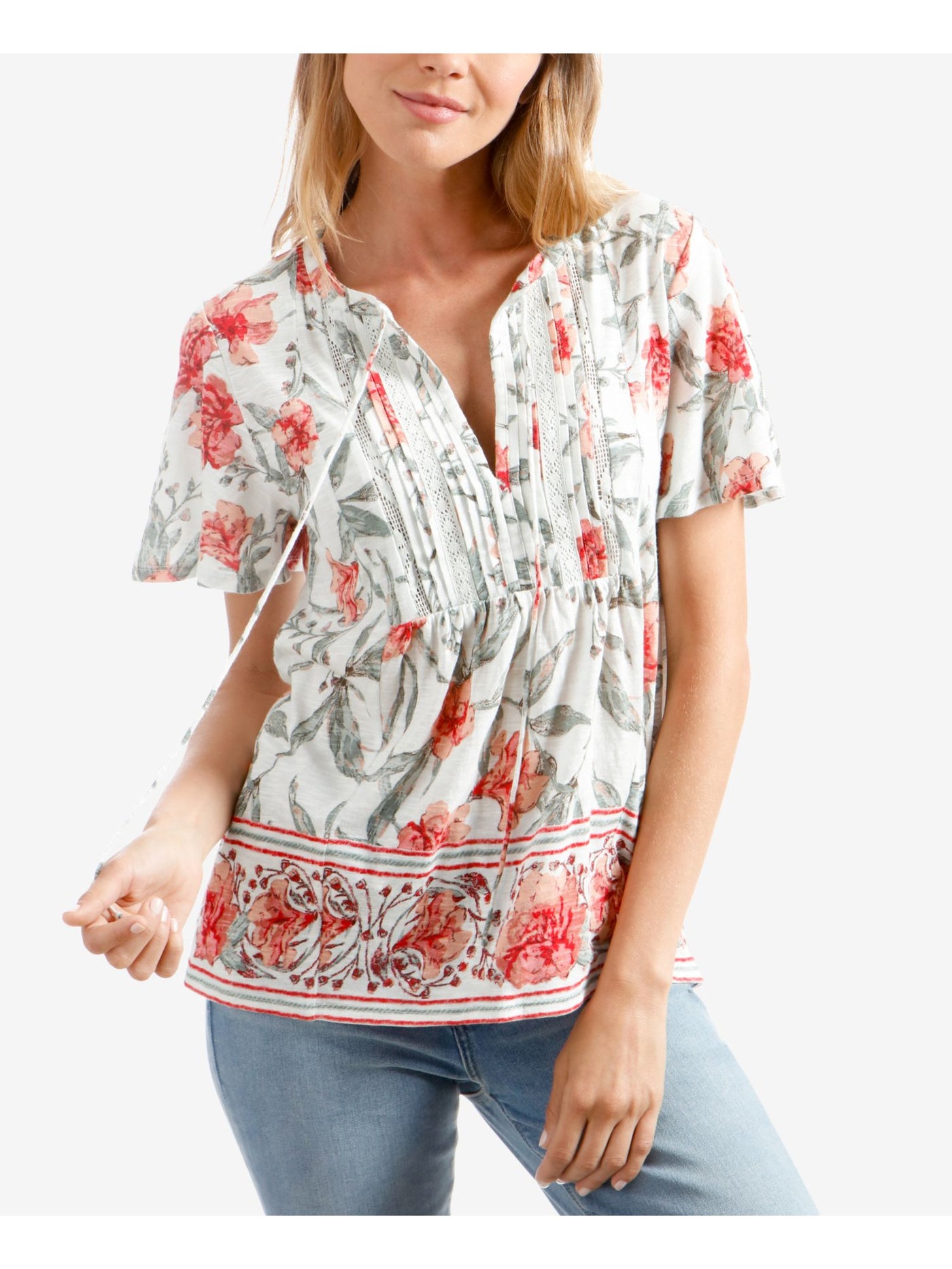 LUCKY BRAND Womens Ivory Tie Pintucks Lace Insets Floral Flutter Sleeve Split Baby Doll Top XS