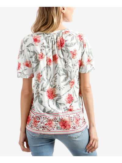 LUCKY BRAND Womens Ivory Tie Pintucks Lace Insets Floral Flutter Sleeve Split Baby Doll Top XS