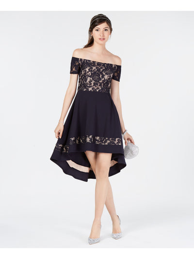 CITY STUDIO Womens Short Sleeve Off Shoulder Lace Midi Hi-Lo Prom Dress