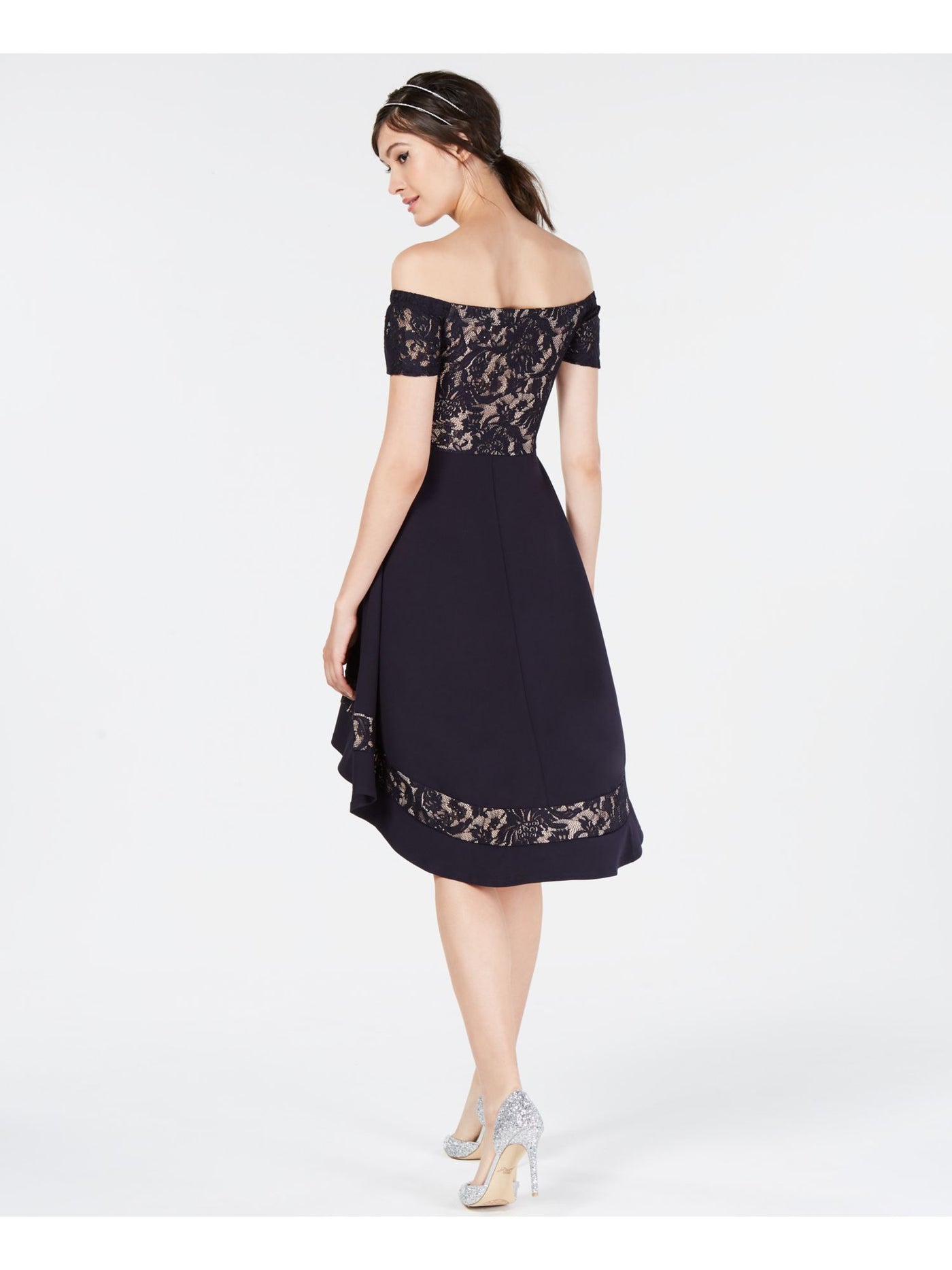 CITY STUDIO Womens Short Sleeve Off Shoulder Lace Midi Hi-Lo Prom Dress