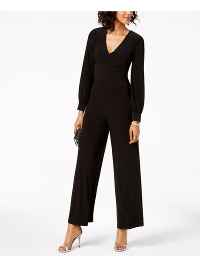 ADRIANNA PAPELL Womens Black Zippered Long Sleeve V Neck Evening Wide Leg Jumpsuit 14