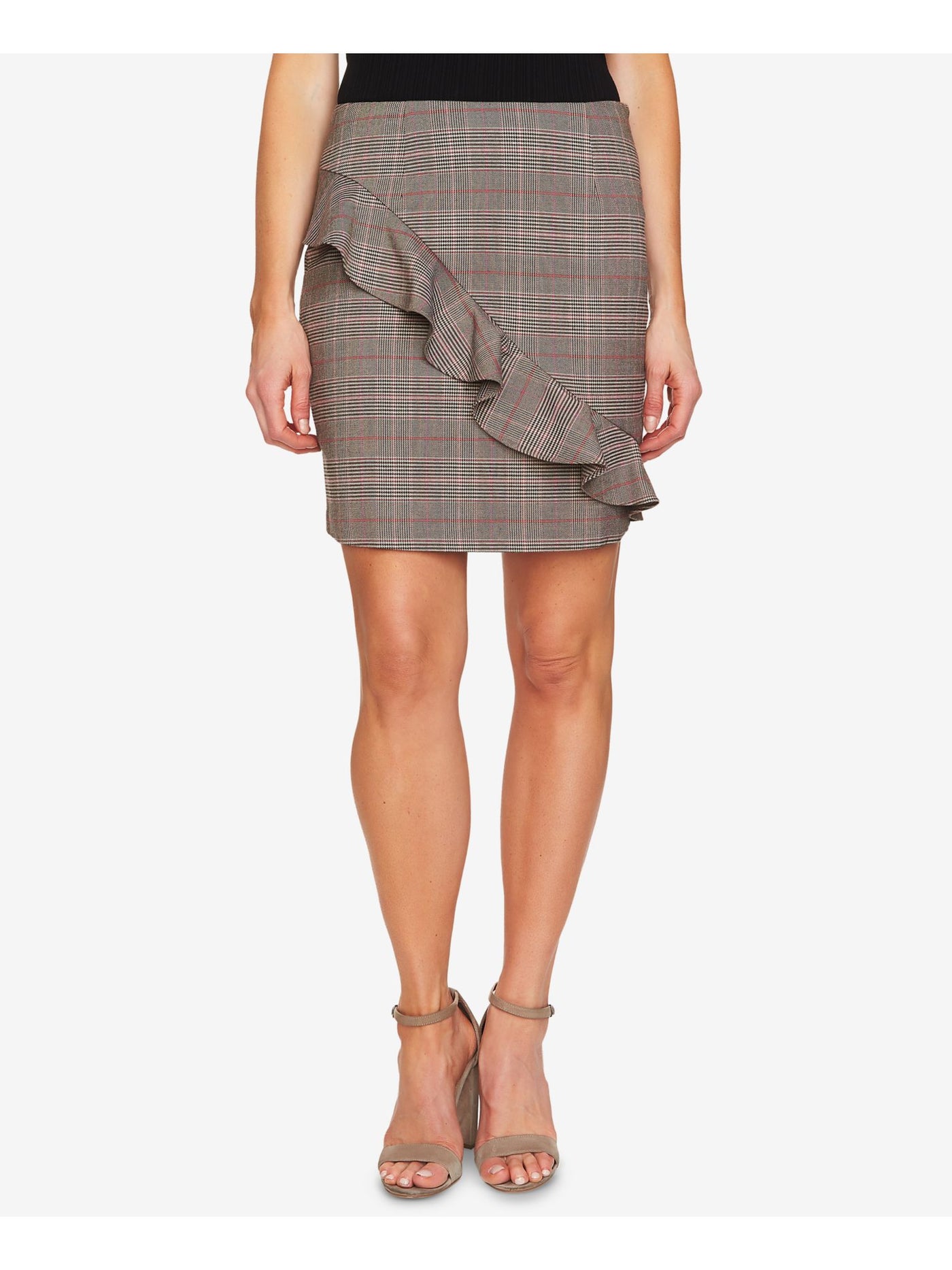 CECE Womens Brown Ruffled Glen Plaid Above The Knee Wear To Work Skirt 10