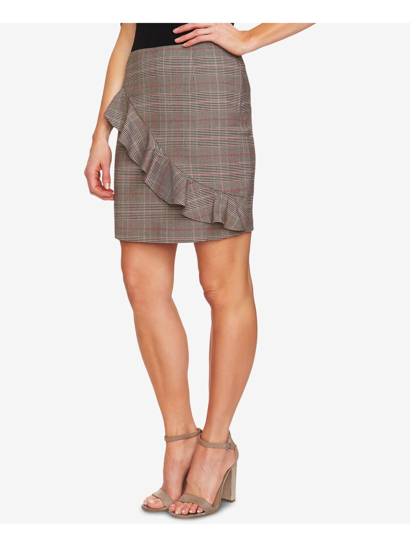 CECE Womens Brown Ruffled Glen Plaid Above The Knee Wear To Work Skirt 10