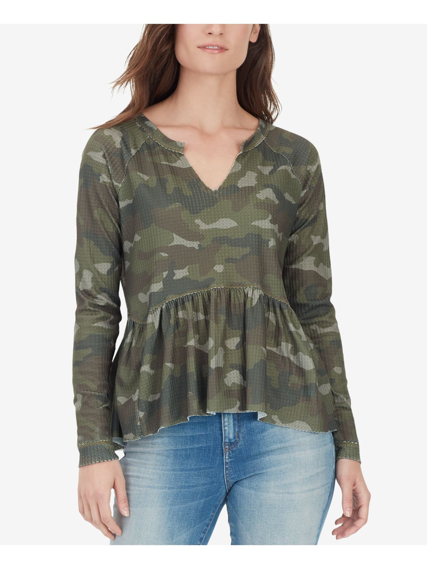 WILLIAM RAST Womens Green Ruffled Camouflage Long Sleeve V Neck Peplum Top S