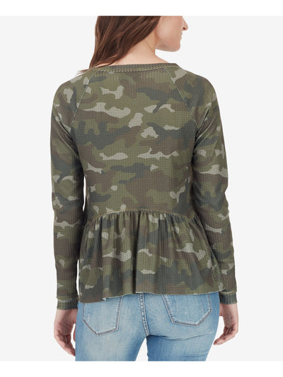 WILLIAM RAST Womens Green Ruffled Camouflage Long Sleeve V Neck Peplum Top S