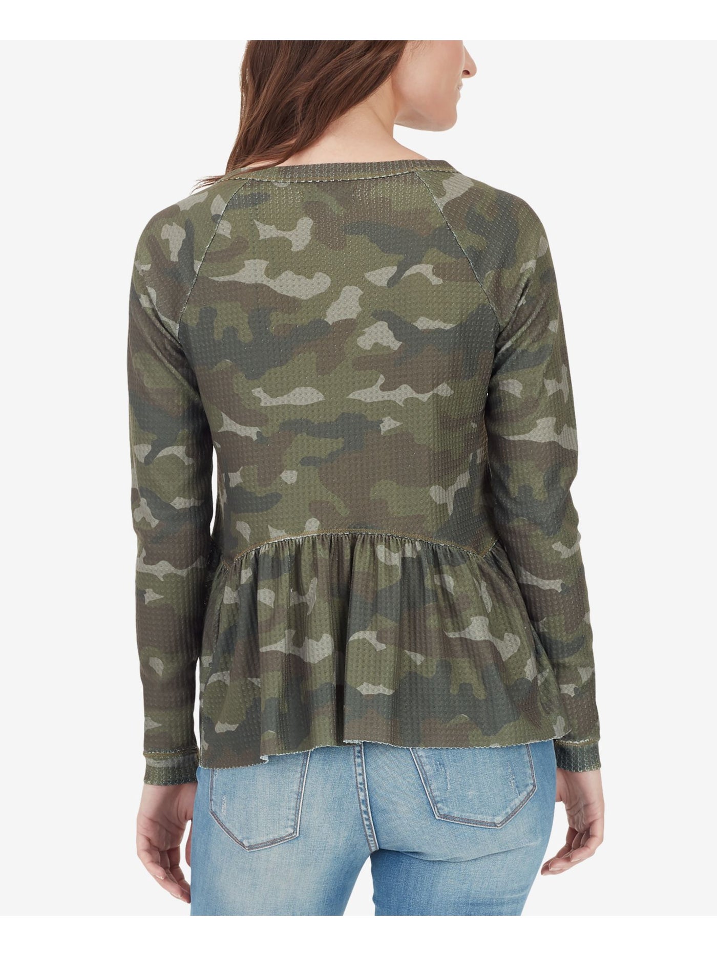 WILLIAM RAST Womens Green Camouflage Long Sleeve V Neck Peplum Top XS