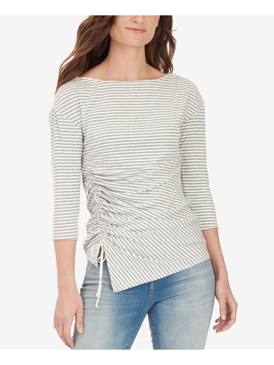 WILLIAM RAST Womens Gray Ruched Striped 3/4 Sleeve Boat Neck T-Shirt XS