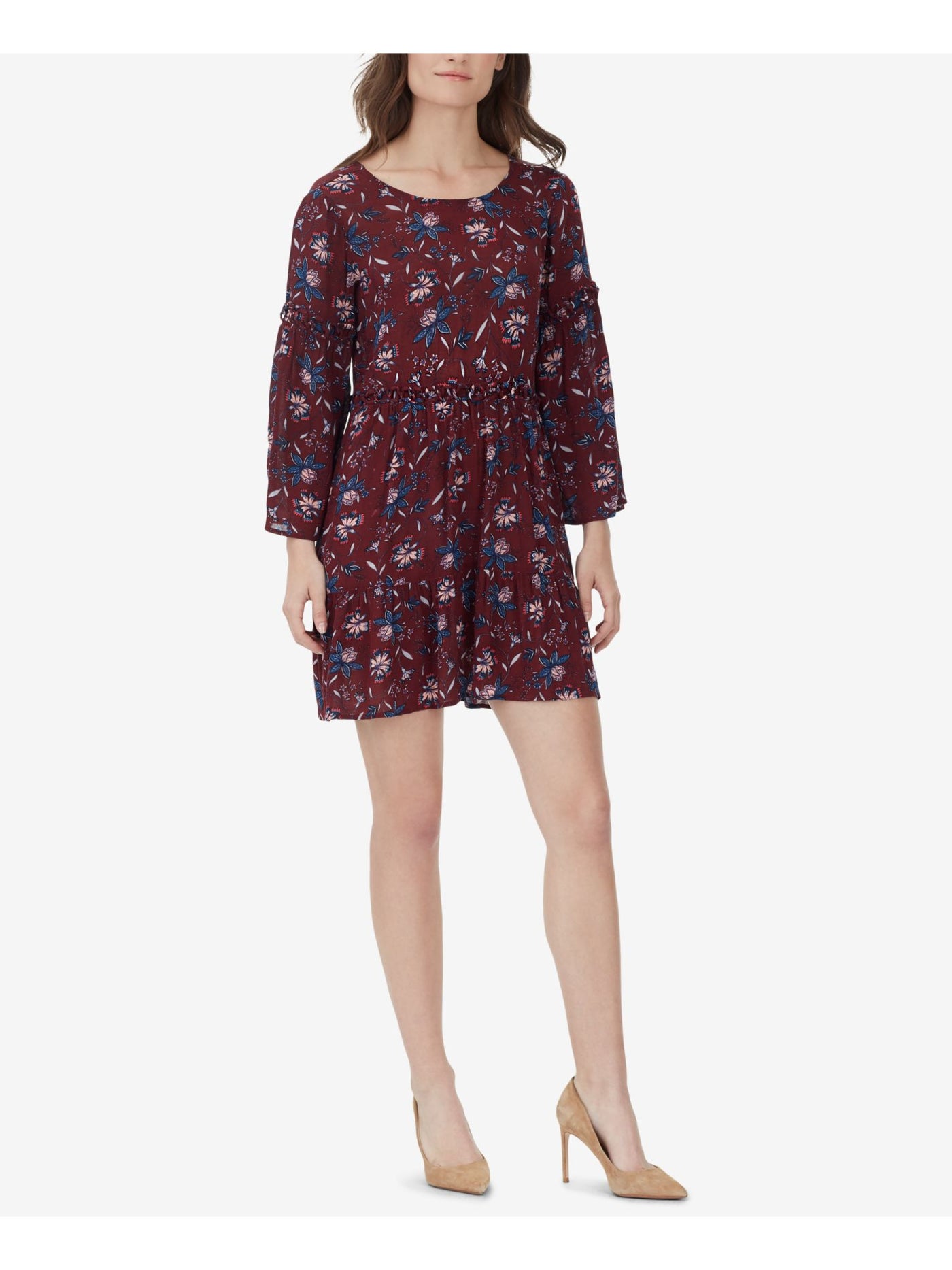 WILLIAM RAST Womens Burgundy Printed Long Sleeve Jewel Neck Mini Baby Doll Dress XS