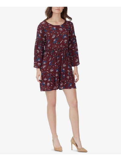 WILLIAM RAST Womens Burgundy Printed Long Sleeve Jewel Neck Mini Baby Doll Dress XS