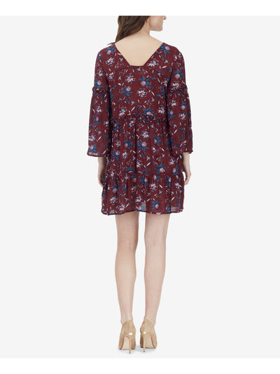 WILLIAM RAST Womens Burgundy Printed Long Sleeve Jewel Neck Mini Baby Doll Dress XS
