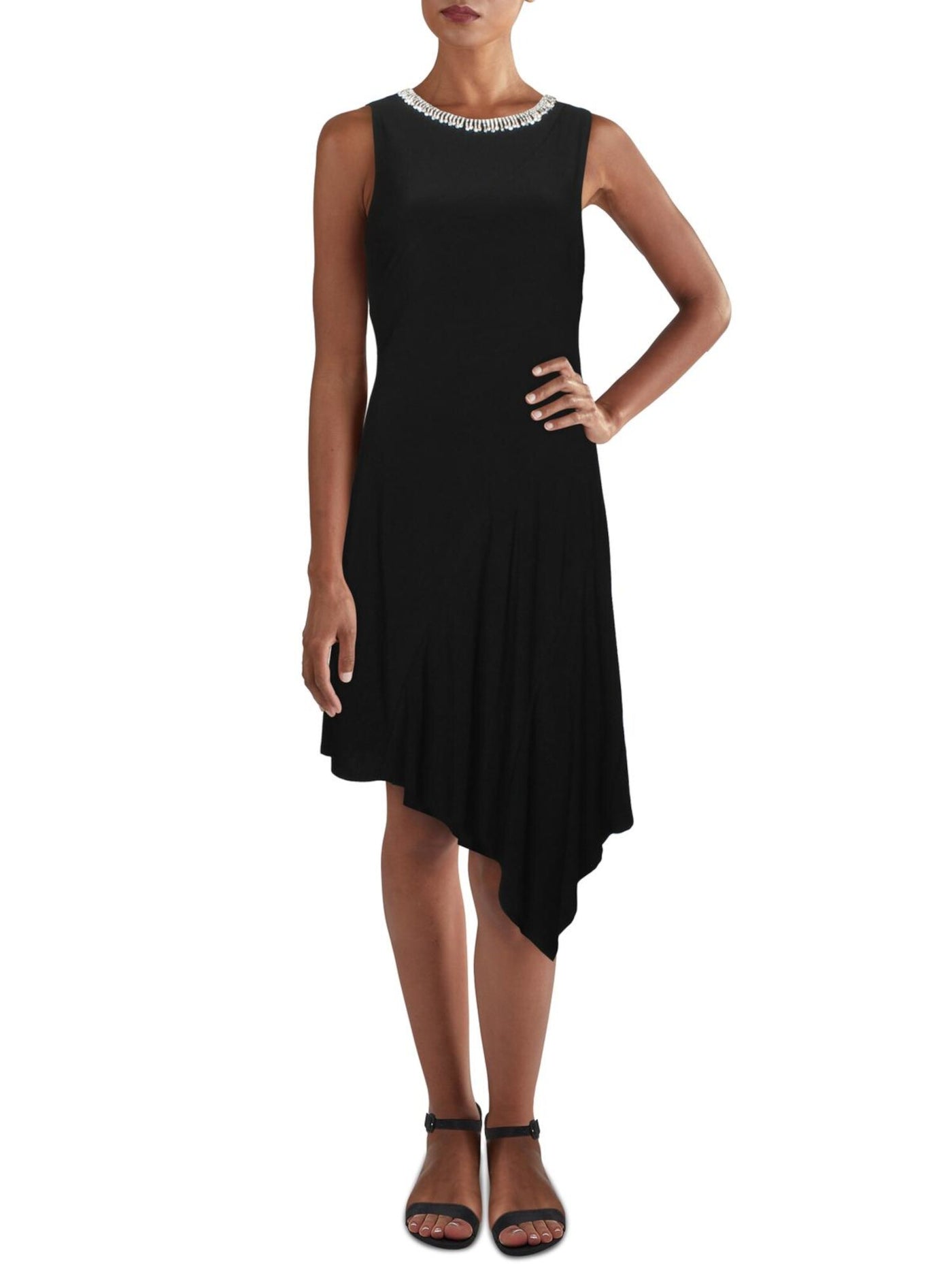 MSK Womens Black Rhinestone Asymmetrical Sleeveless Crew Neck Below The Knee Cocktail Fit + Flare Dress S