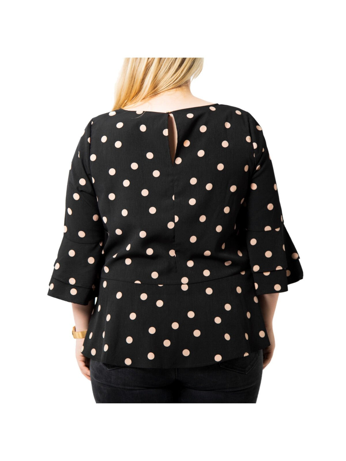 ESTELLE Womens Black Polka Dot Bell Sleeve Round Neck Wear To Work Peplum Top Plus 1X