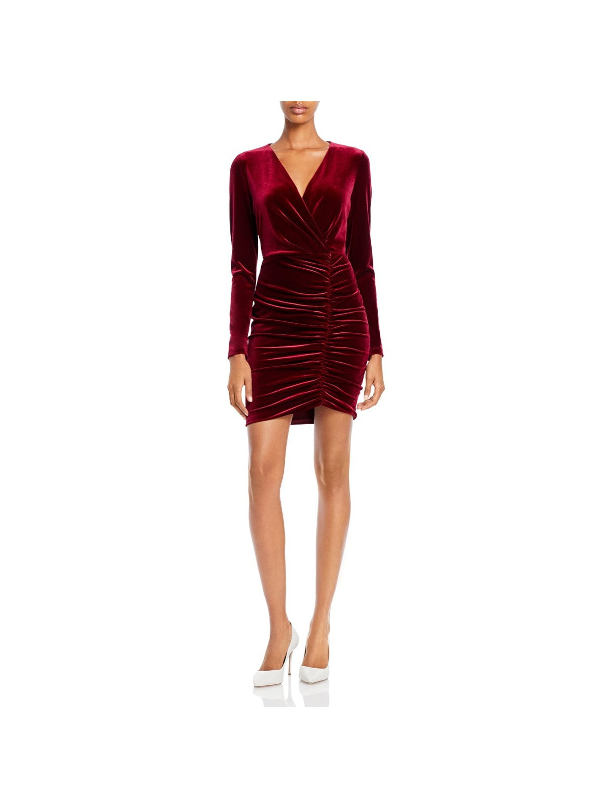 BLACK HALO Womens Burgundy Ruched Zippered Velvet Long Sleeve V Neck Mini Cocktail Sheath Dress 10