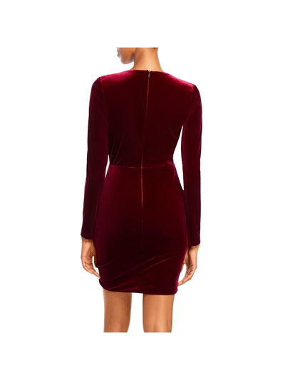 BLACK HALO Womens Burgundy Ruched Zippered Velvet Long Sleeve V Neck Mini Cocktail Sheath Dress 10