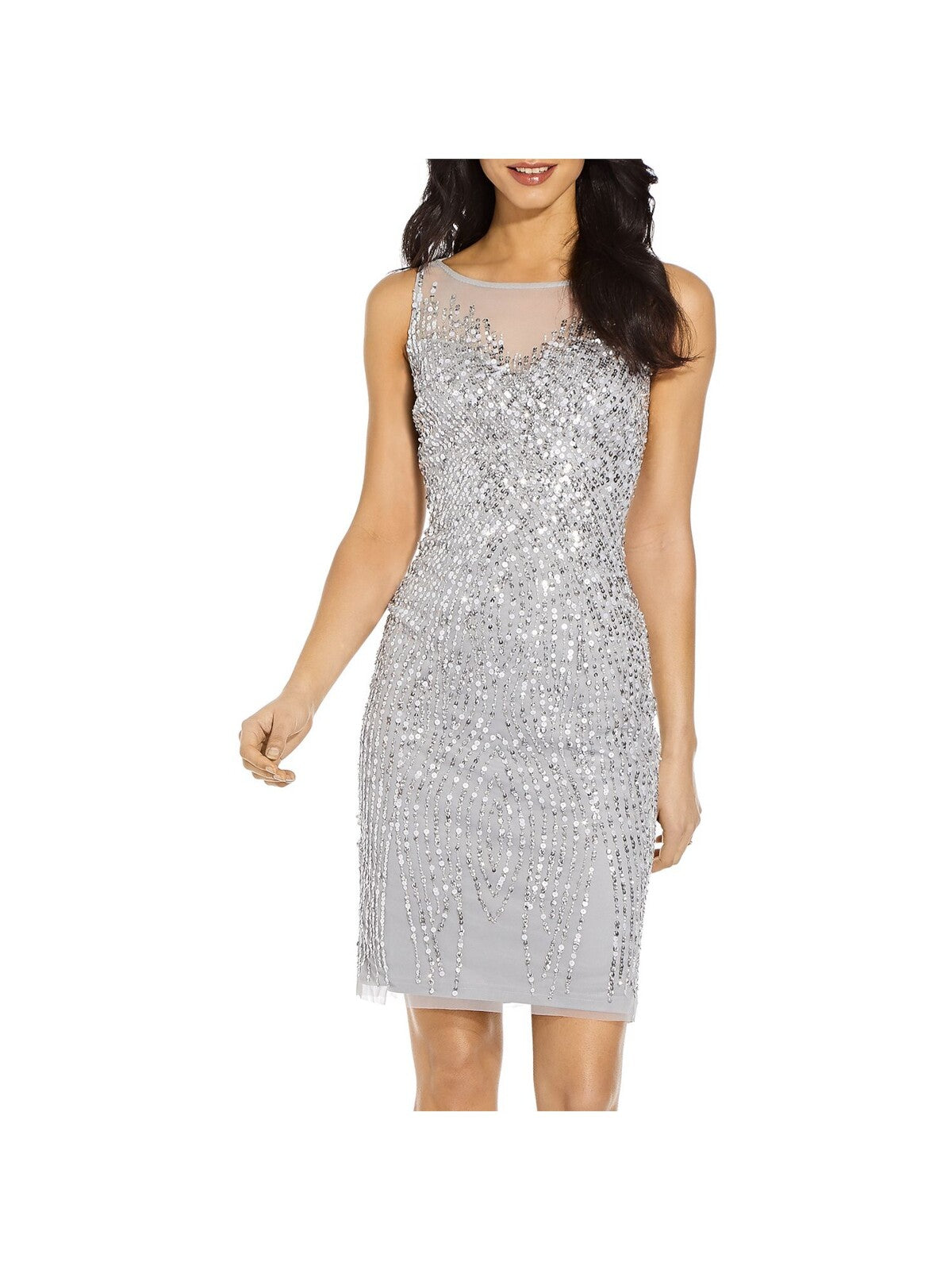 ADRIANNA PAPELL Womens Silver Sequined Zippered Sleeveless Illusion Neckline Above The Knee Cocktail Sheath Dress 6