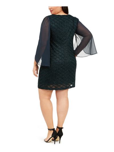 CONNECTED APPAREL Womens Green Textured Jacquard Tulip-sleeve Scoop Neck Above The Knee Evening Sheath Dress Plus 22W