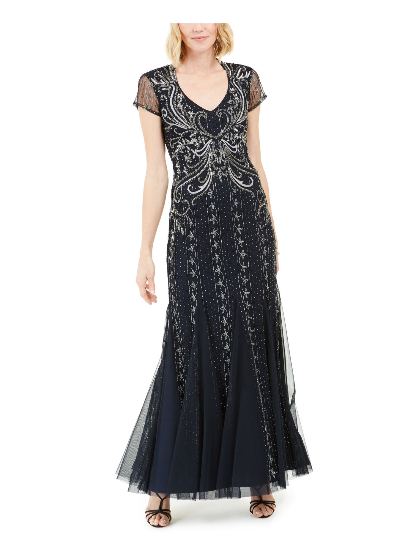 ADRIANNA PAPELL Womens Navy Beaded Cap Sleeve V Neck Full-Length Evening Fit + Flare Dress 8