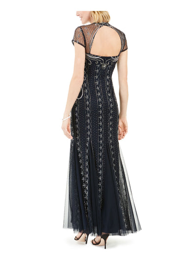 ADRIANNA PAPELL Womens Navy Beaded Cap Sleeve V Neck Full-Length Evening Fit + Flare Dress 6