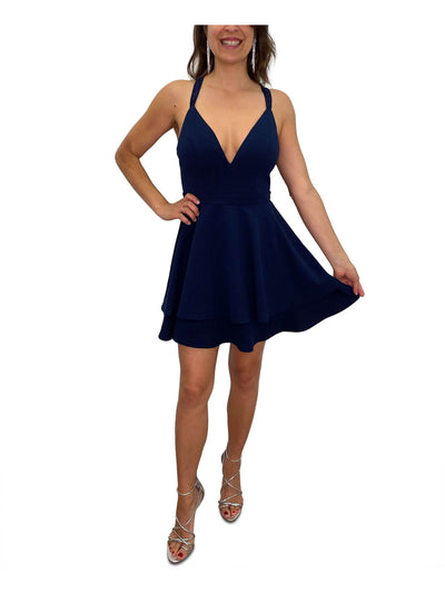 EMERALD SUNDAE Womens Navy Lace Back V Neck Short Cocktail Fit + Flare Dress Juniors 9