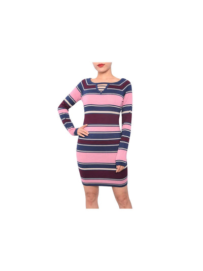 PLANET GOLD Womens Blue Keyhole Striped Long Sleeve Above The Knee Body Con Sweater Dress Juniors XS