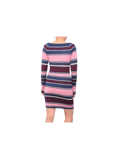 PLANET GOLD Womens Blue Keyhole Striped Long Sleeve Above The Knee Body Con Sweater Dress Juniors XS