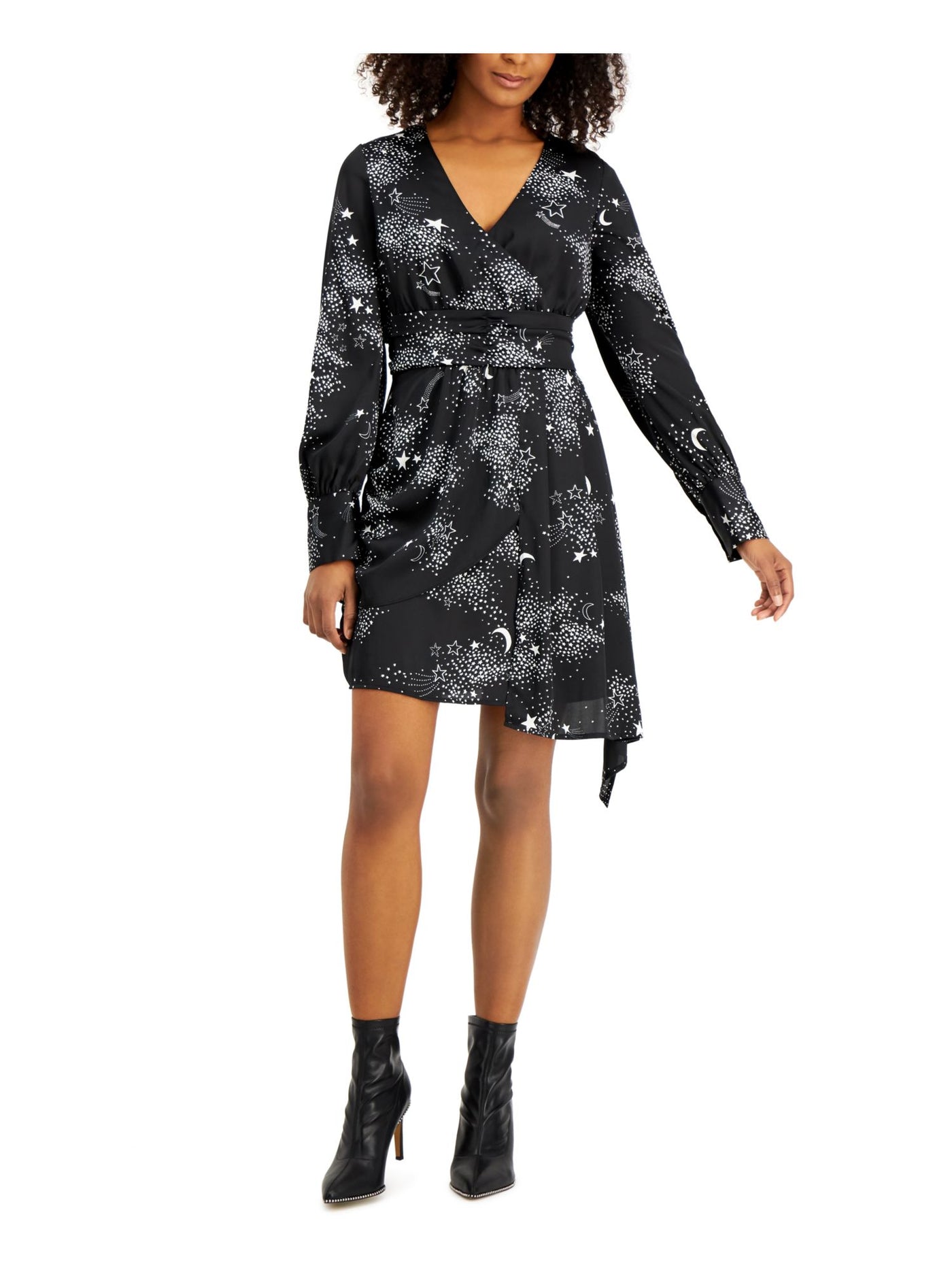 BAR III Womens Black Moon And Stars Printed Long Sleeve Surplice Neckline Short Party Faux Wrap Dress 14