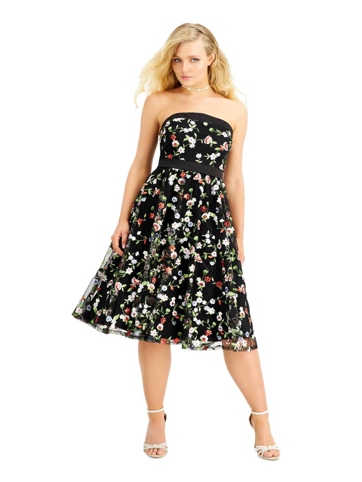 CITY STUDIO Womens Black Embroidered Sequined Zippered Floral Strapless Below The Knee Party Fit + Flare Dress Juniors 13