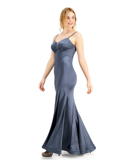 TEEZE ME Womens Blue Rhinestone Embellished Back Spaghetti Strap Sweetheart Neckline Full-Length Formal Mermaid Dress Juniors 11\12