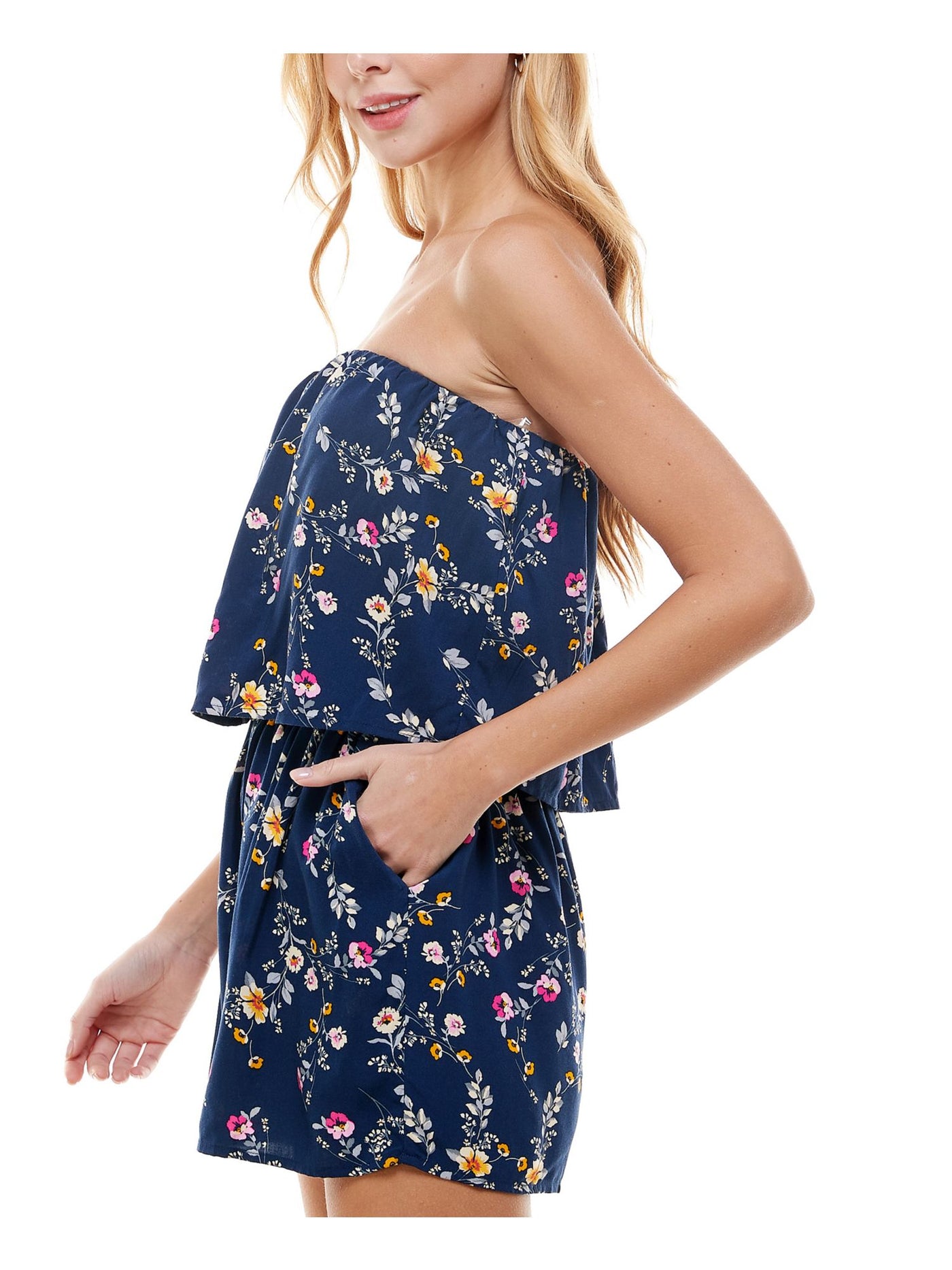 BEBOP Womens Navy Pocketed Floral Strapless Romper Juniors XXS