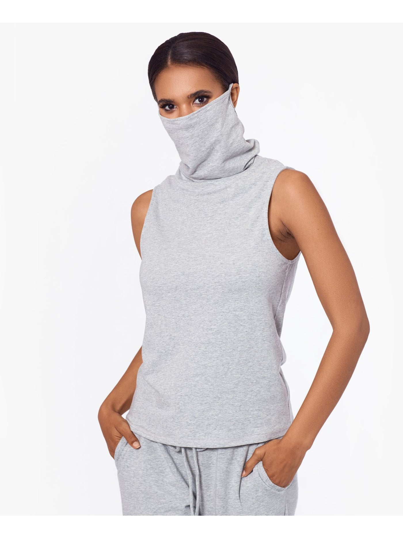 BAM BY BETSY & ADAM Womens Gray Cotton Blend Built-in Mask Sleeveless Cowl Neck Tank Top L