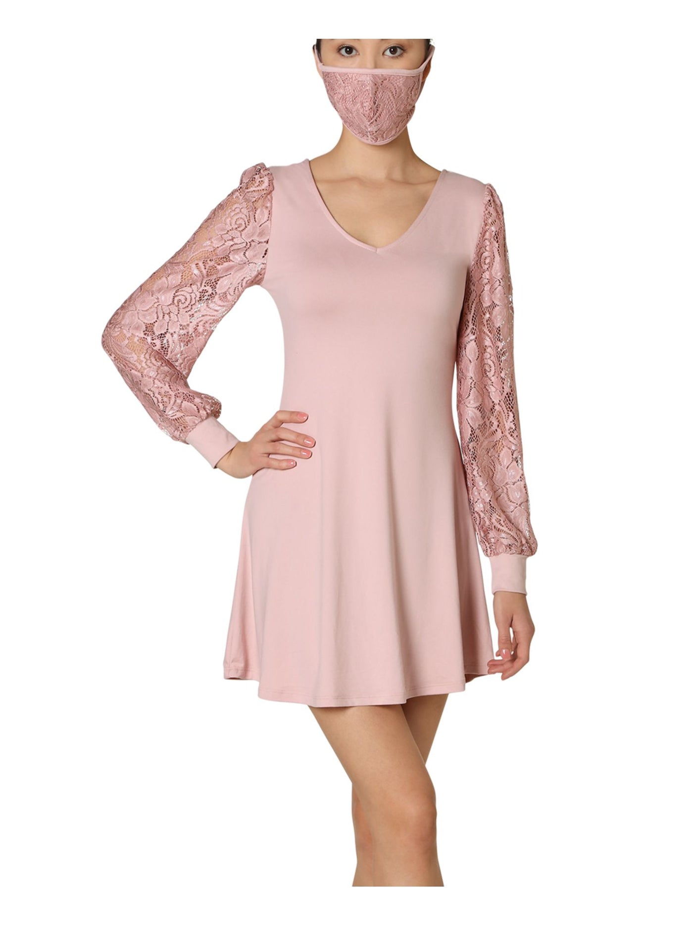 ULTRA FLIRT Womens Pink Lace With Face Mask Long Sleeve V Neck Mini Fit + Flare Dress Juniors S