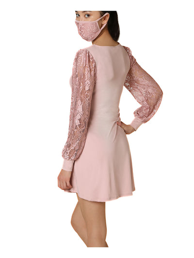 ULTRA FLIRT Womens Pink Lace With Face Mask Long Sleeve V Neck Mini Fit + Flare Dress Juniors XS